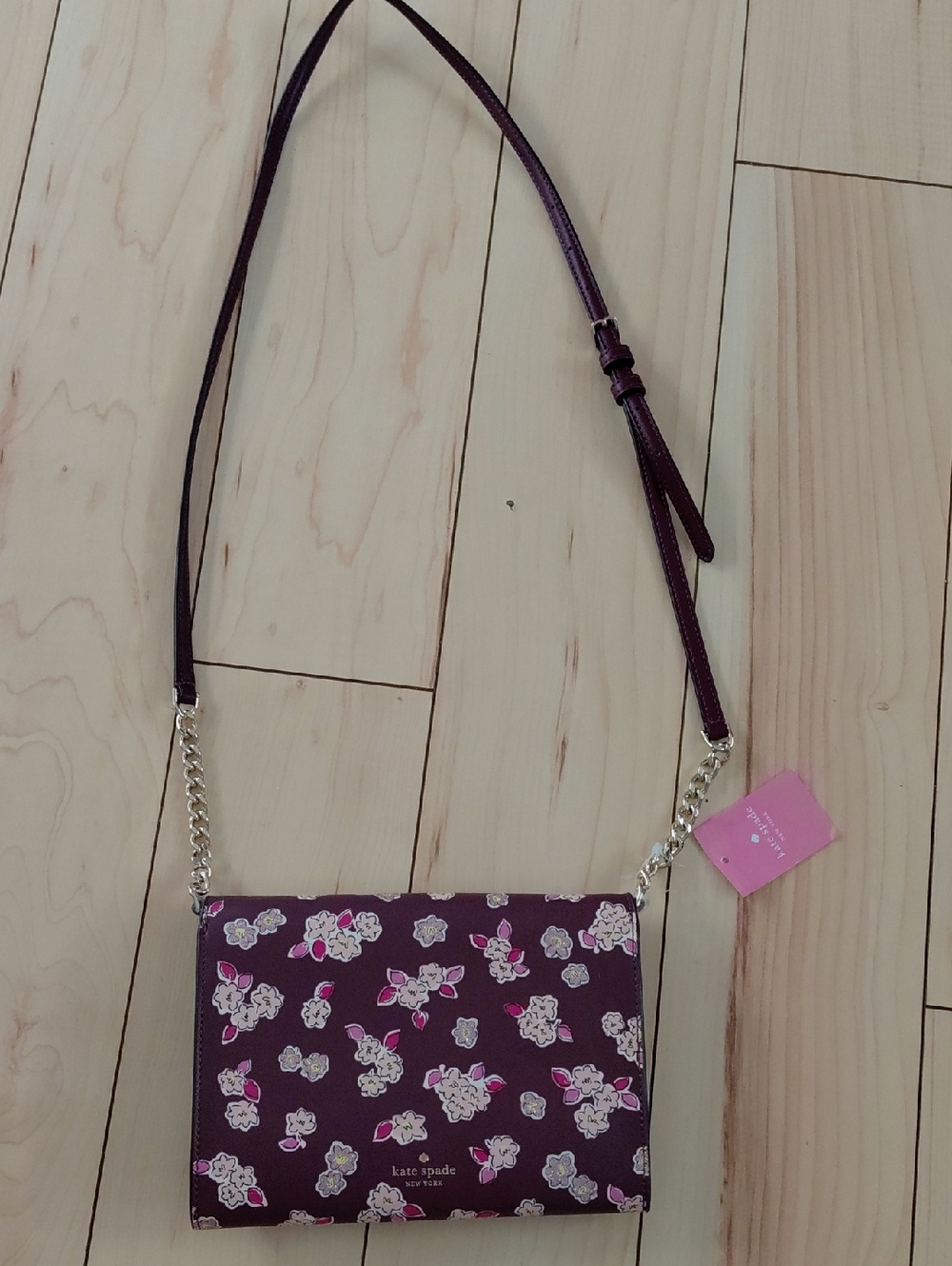 Kate Spade Flower Monogram Flap Crossbody Bag Burgundy Pink Wallet On Chain - Picture 7 of 10